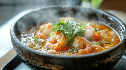 Poster - Hot shrimp soup garnished with fresh herbs and vegetables, served in a traditional stone pot, inviting warm aromas fill the air