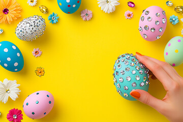Poster - Colorful decorated easter eggs arranged on a vibrant yellow surface with flowers and gems scattered around