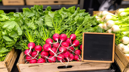 Poster - Colorful bunches of radishes and leafy greens displayed in wooden crates at a bustling farmers market