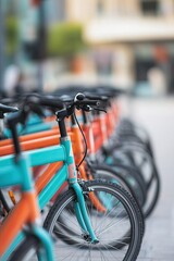 Poster - clean and modern bike-sharing station in city square with rows of colorful bicycles neatly arranged
