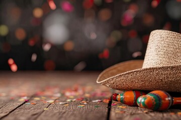 Poster - close-up of festive sombrero and maracas placed on wooden table surrounded by bright confetti and blurred background