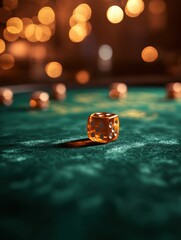 Poster - Golden dice rolling across a velvet green casino table amid glowing lights and shadows Generative AI