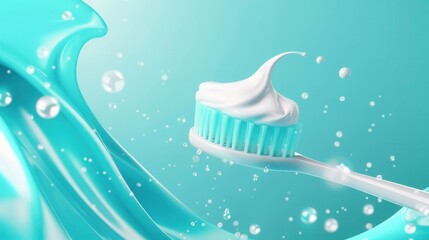 Poster - Fresh and hygienic toothbrush with toothpaste drop suitable for dental clinics and oral care marketing Generative AI