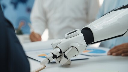 Poster - a sleek robotic hand interacts with documents and analysis charts in a modern office, symbolizing in