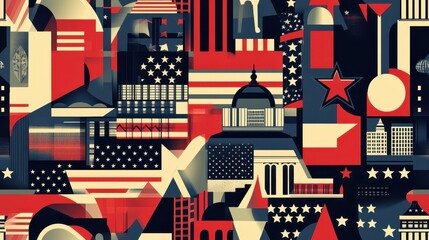 Fototapete - Seamless Pattern Featuring Iconic Elements of USA in Minimalist Style Suitable for Various Design Projects and Backgrounds