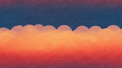 Fototapete - Seamless Seigaiha Pattern with Gradient Waves in Blue, Orange, and Pink Tones for Background or Textile Design