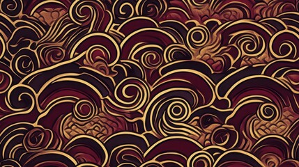 Fototapete - Stylized Seamless Pattern Featuring Thai Temple Wave Motifs in Rich Colors with Intricate Details Ideal for Backgrounds and Textiles