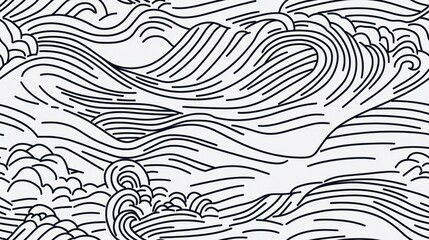 Fototapete - Thai Wave Pattern in Seamless Design for Backgrounds and Textiles, Intricate Black Line Art Representation of Waves and Clouds