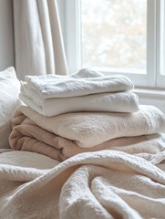 Fototapete - Neatly arranged fresh towels and linens on a serene bed in a cozy bedroom filled with soft light Generative AI