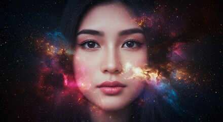 Wall Mural - celestial beauty portrait - a woman's face merges with a vibrant nebula, creating a cosmically beaut