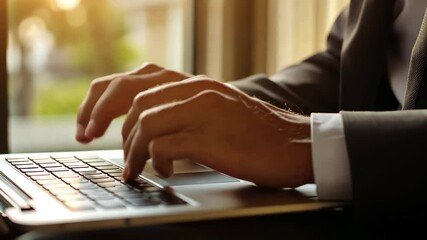 Poster - Businessman working on laptop, focusing on financial tasks during late afternoon, business man using a laptop to work with financial data