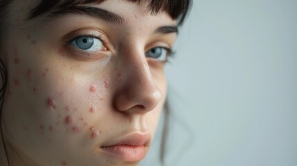 Poster - Young woman experiencing hormonal acne in close up, highlighting skin concerns and emotional struggle before treatment Generative AI