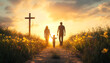 © Oleksiy - Family walking towards a cross at sunset. Silhouettes of a family and cross against a setting sun. Concept of family faith, Easter, hope, togetherness, unity in belief, and Christian values