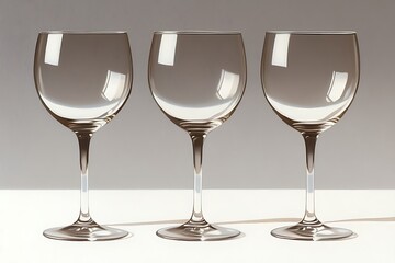 Poster - Elegant Trio of Empty Wine Glasses on a Pristine Surface with Subtle Shadows
