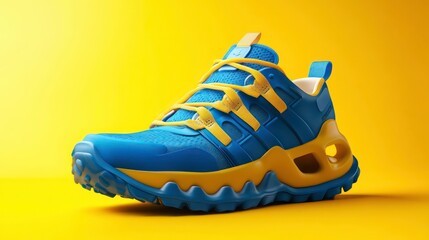 Poster - 3D illustration of a blue and yellow sneaker. The design is modern and colorful, representing athletic wear or casual style.