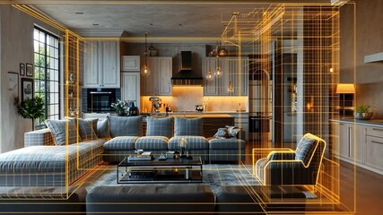 Poster - Modern living room with AI design elements in a stylish home environment featuring a cozy kitchen