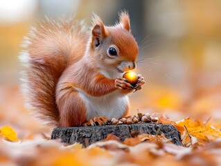 Wall Mural - squirrel nibbling on glowing acorn in autumn forest scenery