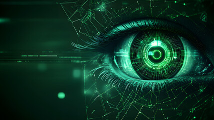 Wall Mural - Cybernetic Eye with Glowing Green Iris Isolated on Dark Background