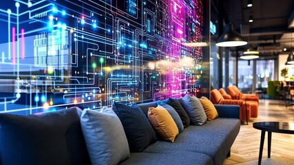 Poster - Modern lounge with futuristic design and colorful digital wall art in a bright workspace