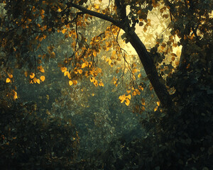 Poster - Golden leaves illuminate a dark forest scene, creating a mystical and serene atmosphere, showcasing nature's beauty and tranquility