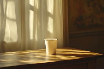 Poster - Warm Sunlight Illuminating a Cup on a Wooden Table near a Curtain Window
