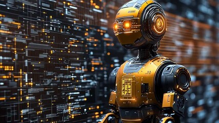 Poster - A futuristic robot standing against a digital background illuminated with glowing patterns at night