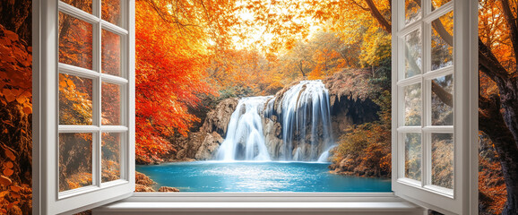 Poster - Open window view of autumnal waterfall cascading into turquoise pool, surrounded by orange and yellow foliage.  Scene evokes tranquility and natural beauty, ideal for relaxation themes.