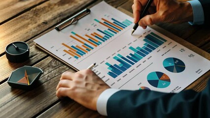Poster - Business man reviewing sales data on report at desk during working hours, close up business man analyzing the sales schedule