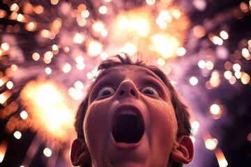 Poster - Person marvels at a vibrant fireworks display illuminating the night sky with bright colors and sparkling effects Generative AI