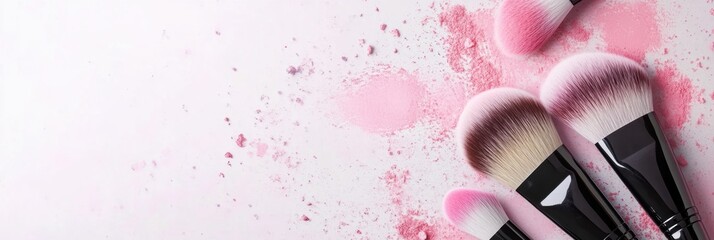 Poster - Makeup brushes scattered on a light background with soft pastel blush strokes creating an artistic minimalist design for cosmetic enthusiasts Generative AI