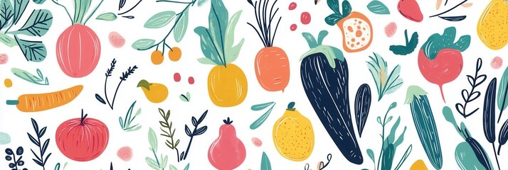 Aufkleber - Bright and colorful seamless pattern featuring fresh vegetables and fruits in modern flat style for vibrant design purposes