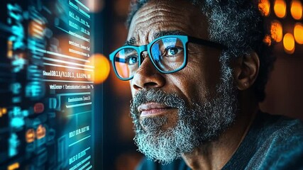 Poster - Deep in thought, a man analyzes data on a computer screen in a modern workspace at night
