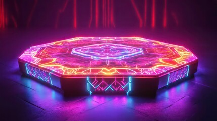 Poster - Octagonal neon platform featuring vibrant glowing lights and intricate patterns on the surface, ideal for futuristic or sci-fi themed designs.