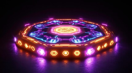 Poster - Octagonal neon platform featuring vibrant glowing lights and intricate patterns on the surface, ideal for futuristic or sci-fi themed designs.