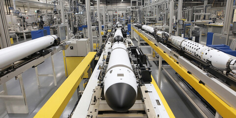 Poster - missiles being assembled in a production facility generative ai