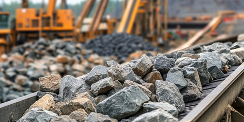 Poster - Rocks being transported on a conveyor belt system at a quarry Generative AI