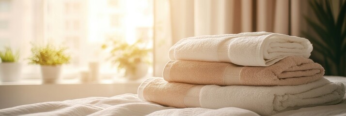 Aufkleber - Freshly washed towels and linens create a cozy atmosphere in a softly lit bedroom Generative AI