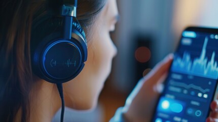 Aufkleber - Close-up view of an ear wearing headphones connected to a smartphone with a music app, showcasing modern audio technology for users Generative AI