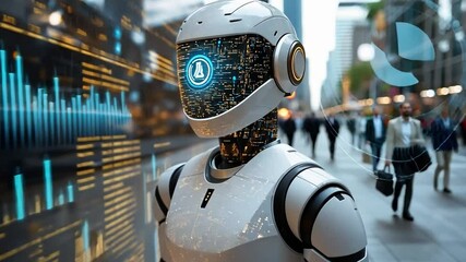 Poster - A futuristic robot stands in a bustling city with vibrant digital displays during the day