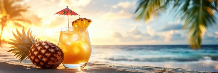 Aufkleber - Exotic cocktail with pineapple and umbrella on the beach during sunset, capturing the essence of tropical relaxation and vacation vibes Generative AI