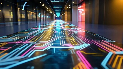 Poster - Digital corridor with vibrant neon circuit patterns and futuristic lighting effects