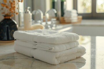 Aufkleber - Neatly folded towels placed on a bathroom counter create a cozy and clean atmosphere, perfect for hotels and spa salons Generative AI