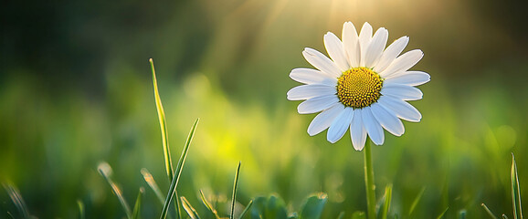 Poster - Close-up of white daisy in green grass, sunlit background, showcasing nature's simplicity and beauty, ideal for spring or nature themes