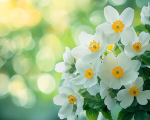 Poster - Close-up of white flowers with yellow centers, soft green bokeh background, conveying freshness, purity, and springtime, ideal for nature or spring themes