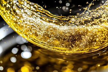 Poster - Close-up of golden liquid swirling with bubbles, creating an eye-catching abstract design, perfect for showcasing refreshment and celebratory occasions with vibrant hues.