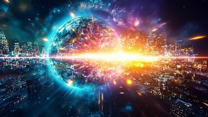 Poster - Exploring a vibrant cosmic landscape with futuristic cities and explosive energy
