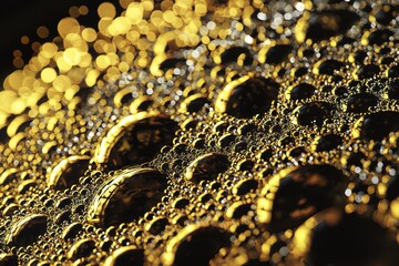 Poster - Golden and silver bubbles shimmering in darkness, an abstract macro shot capturing the interplay of light and liquid, creating a mesmerizing pattern.