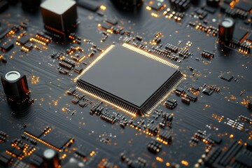 Poster - Close-up of a central processing unit on a circuit board, showcasing intricate electronic components and circuitry.