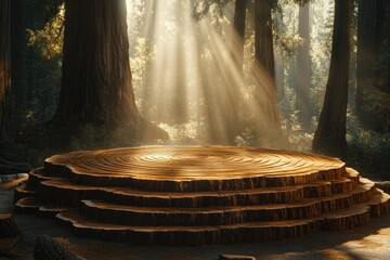 Poster - Sunlit forest scene with a majestic, tiered redwood stump as a centerpiece.