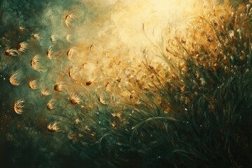 Poster - Abstract painting of golden wildflowers in a dark green field, seeds blowing in the wind.